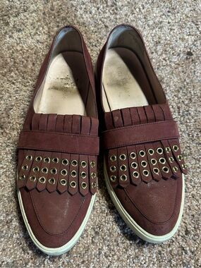 Kate Spade burgundy fringe grommet loafers size 8.5